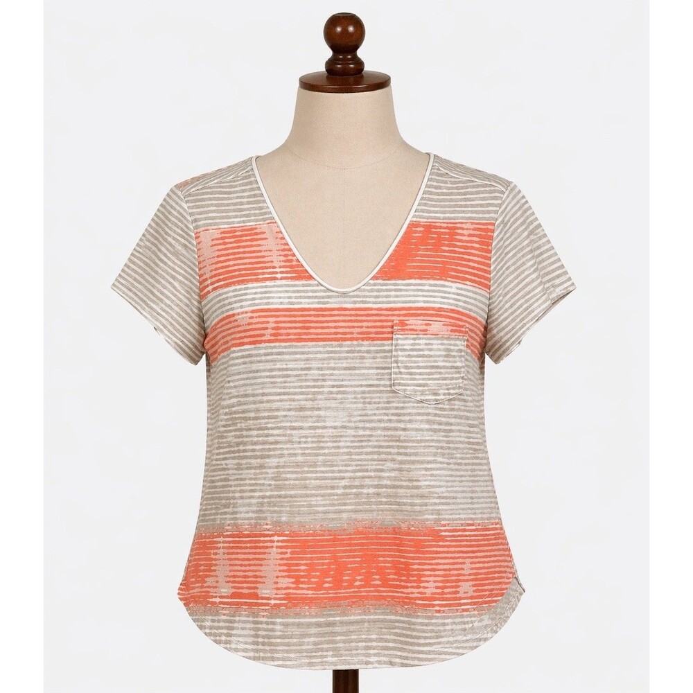 Tribal Womens Large Striped V Neck Top Orange Beige Pocket Short Sleeve Shirt